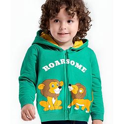 Babyhug Cotton Knit Full Sleeves Lion Printed Hooded Sweat Jacket - Sea Green