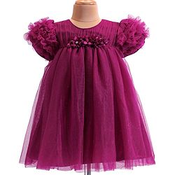 Babyhug  Woven Half Puffed Sleeves Mesh Shimmered Party Frock with Ruffle Detailing & Floral Applique - Wine