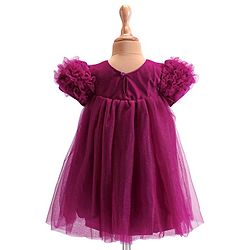 Babyhug  Woven Half Puffed Sleeves Mesh Shimmered Party Frock with Ruffle Detailing & Floral Applique - Wine
