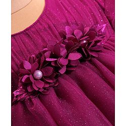 Babyhug  Woven Half Puffed Sleeves Mesh Shimmered Party Frock with Ruffle Detailing & Floral Applique - Wine