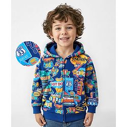 Babyhug Cotton Knit Full Sleeves Hooded Front Open Sweatjacket with Text Print - Blue