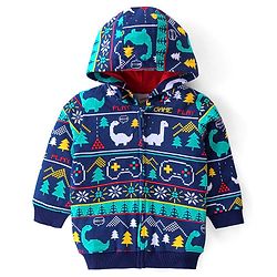 Babyhug Cotton Knit Full Sleeves Hooded Front Open Sweatjacket with Dino Print - Navy Blue