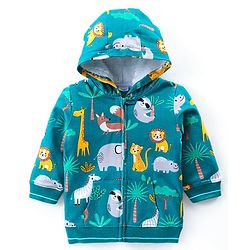 Babyhug Cotton Knit Full Sleeves Hooded Sweatjacket With Kangaroo Pockets Animal Print - Green
