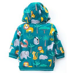 Babyhug Cotton Knit Full Sleeves Hooded Sweatjacket With Kangaroo Pockets Animal Print - Green