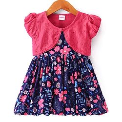 Babyhug Cotton Woven Half Sleeves Shrug with Frock Floral Print - Blue & Pink