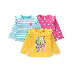 Babyhug Cotton Knit Full Sleeves T-Shirts with Frill Text & Heart Print Pack of 3 - Multicolor