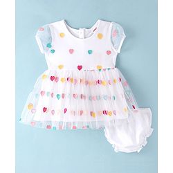 Babyhug Cotton Woven Half Sleeves Frock with Bloomer Heart Embroidery - White
