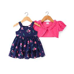 Babyhug Cotton Woven Half Sleeves Shrug with Frock Floral Print - Navy Blue & Pink