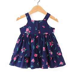 Babyhug Cotton Woven Half Sleeves Shrug with Frock Floral Print - Navy Blue & Pink