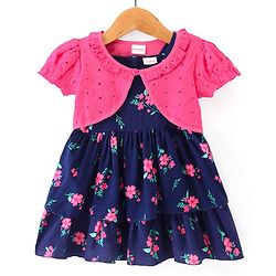 Babyhug Cotton Woven Half Sleeves Shrug with Frock Floral Print - Navy Blue & Pink
