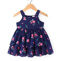 Babyhug Cotton Woven Half Sleeves Shrug with Frock Floral Print - Navy Blue & Pink
