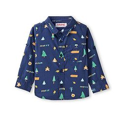 Babyhug Cotton Woven Full Sleeves Regular Collar Tress Printed Shirt with Pocket Detailing - Navy Blue