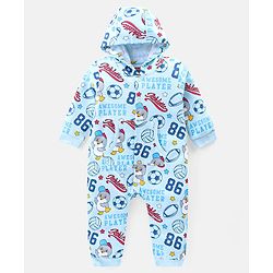 Babyhug 100% Cotton Full Sleeves Hooded Romper Text Print - Blue