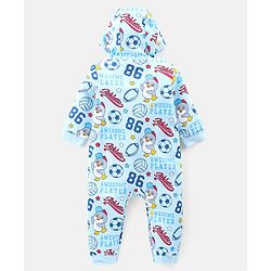 Babyhug 100% Cotton Full Sleeves Hooded Romper Text Print - Blue