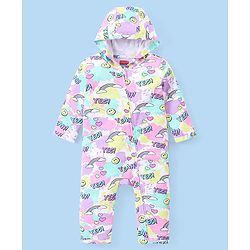Babyhug 100% Cotton Knit Full Sleeves Hooded Front Open Romper with Text & Rainbow Print - White Pink & Blue