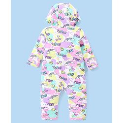 Babyhug 100% Cotton Knit Full Sleeves Hooded Front Open Romper with Text & Rainbow Print - White Pink & Blue