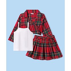 Babyhug Cotton Knit Full Sleeves Checkered Collared Top Skirt & Vest - Red