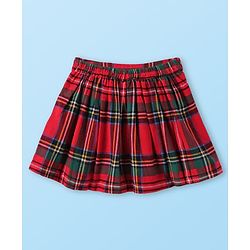 Babyhug Cotton Knit Full Sleeves Checkered Collared Top Skirt & Vest - Red