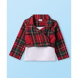 Babyhug Cotton Knit Full Sleeves Checkered Collared Top Skirt & Vest - Red