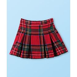 Babyhug Cotton Knit Full Sleeves Checkered Collared Top Skirt & Vest - Red