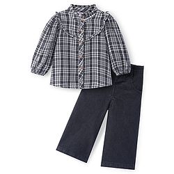 Babyhug Cotton Woven Full Sleeves Frill Detailed Collared Top With Checks & Denim Pant - Black