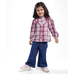 Babyhug Cotton Woven Checkered Collared Top  & Denim Pant Set - Wine & Blue