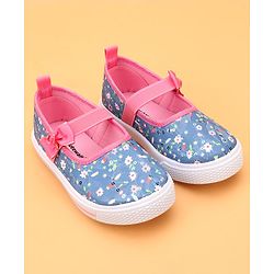 Cute Walk by Babyhug Slip On Casual Shoes With Bow Applique & Floral Print- Blue
