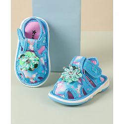 Cute Walk by Babyhug Velcro Closure Musical Sandal with Stone Floral Applique - Blue