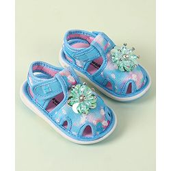 Cute Walk by Babyhug Velcro Closure Musical Sandal with Stone Floral Applique - Blue