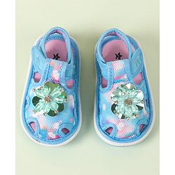 Cute Walk by Babyhug Velcro Closure Musical Sandal with Stone Floral Applique - Blue