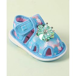 Cute Walk by Babyhug Velcro Closure Musical Sandal with Stone Floral Applique - Blue