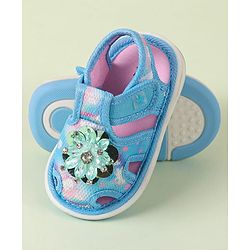 Cute Walk by Babyhug Velcro Closure Musical Sandal with Stone Floral Applique - Blue