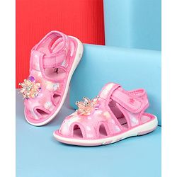 Cute Walk by Babyhug Velcro Closure Musical Sandal with Stone Floral Applique - Blue