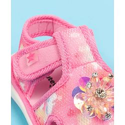 Cute Walk by Babyhug Velcro Closure Musical Sandal with Stone Floral Applique - Blue