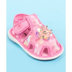 Cute Walk by Babyhug Velcro Closure Musical Sandal with Stone Floral Applique - Blue