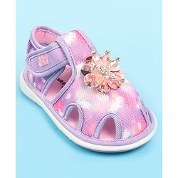 Cute Walk by Babyhug Velcro Closure Musical Sandal with Stone Floral Applique - Blue