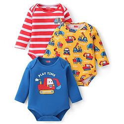 Babyhug 100% Cotton Full Sleeves Onesies Vehicle Print Pack of 3 -Blue Red & Yellow