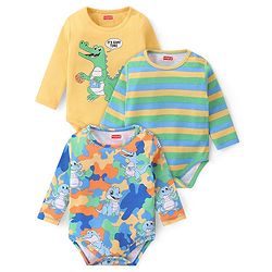 Babyhug 100% Cotton Full Sleeves Onesies Crocodile Print Pack of 3 -Blue Yellow & Green