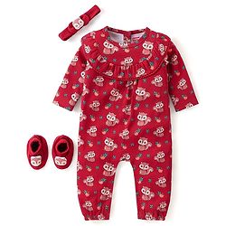 Babyhug 100% Cotton Knit Full Sleeves Chipmunk Printed Romper with Headband & Booties - Dark Pink