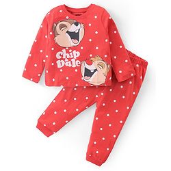 Babyhug Disney Single Jersey Knit Full Sleeves Night Suit With Chip n Dale Graphics - Red