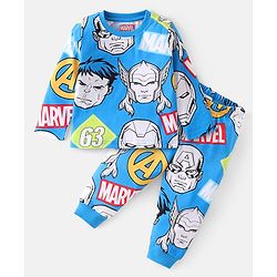 Babyhug Disney Single Jersey Knit Full Sleeves Night Suit With Avengers Graphics - Blue