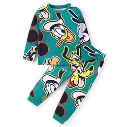 Babyhug Disney Cotton Knit Full Sleeves Night Suit With Mickey Mouse & Friends Print - Dark Green