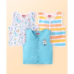 Babyhug 100% Cotton Woven Sleeveless Striped & Dino Printed Jhabla Pack of 3 - White & Blue