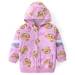 Babyhug Cotton Knit Full Sleeves Hooded Sweatjacket  with Bear Print & Front Zipper - Pink