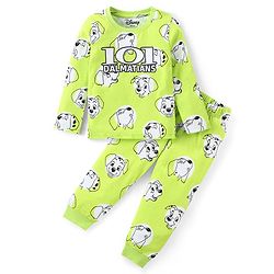 Babyhug Disney Cotton Knit Full Sleeves Night Suit With 101 Dalmatians Graphics - Lime Green