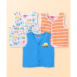 Babyhug 100% Cotton Knit Sleeveless Front Open Jhablas with Striped & Car Print  Pack of 3 - Orange White & Blue