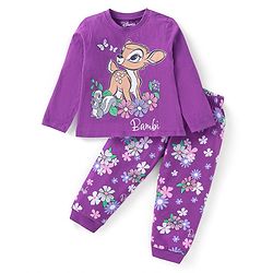 Babyhug Disney Single Jersey Knit Full Sleeves Night Suit with Bambi Print - Purple