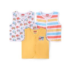 Babyhug 100% Cotton Woven Sleeveless Striped & Vehicles Printed Jhabla Pack of 3 - White & Yellow