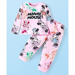 Babyhug Disney Cotton Knit Full Sleeves Night Suit with Minnie Mouse Print - Baby Pink