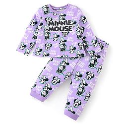 Babyhug Disney Cotton Knit Full Sleeves Night Suit with Minnie Mouse Print - Purple